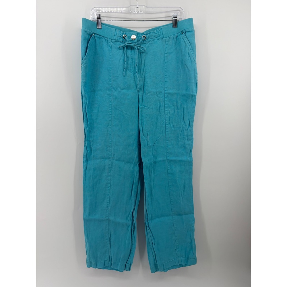 JM Collection Womens‎ Turquoise 100% Linen Straight Leg Drawstring Pants Size 12